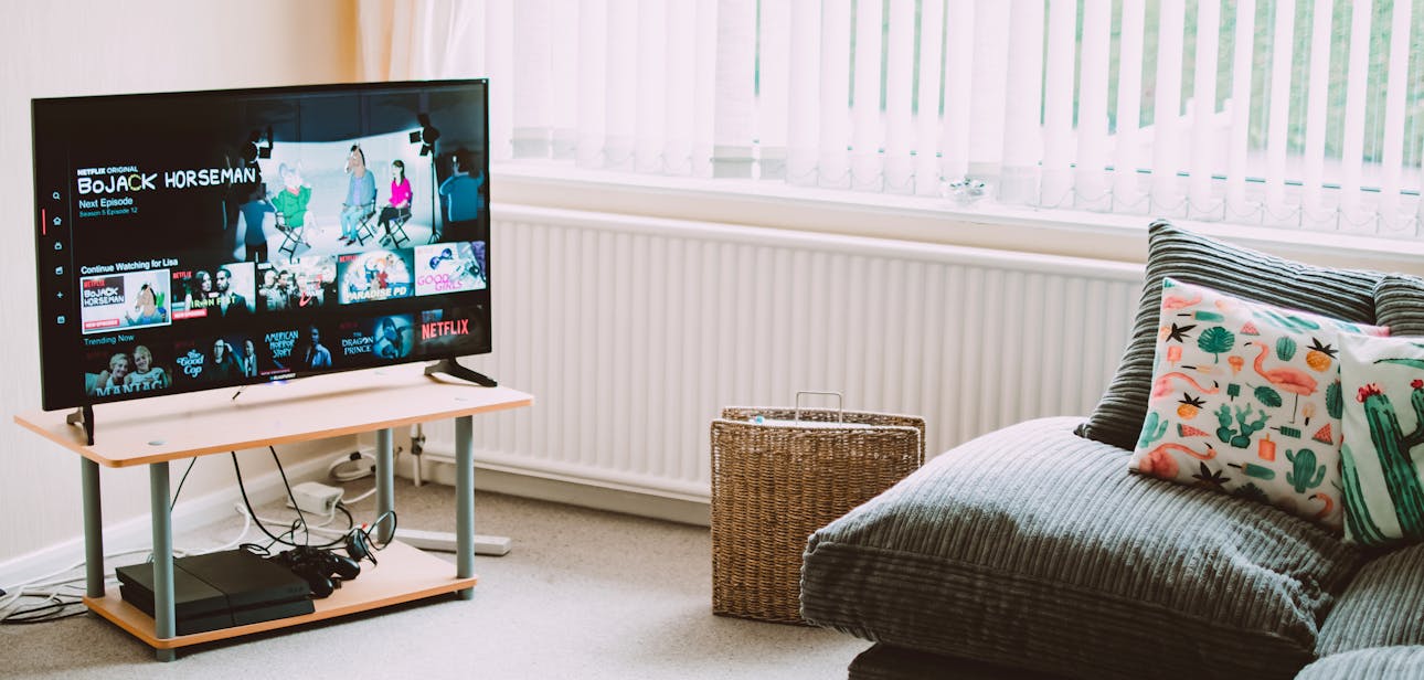 Chic and comfortable living room featuring a modern sofa, decorative pillows, and a TV streaming popular shows.