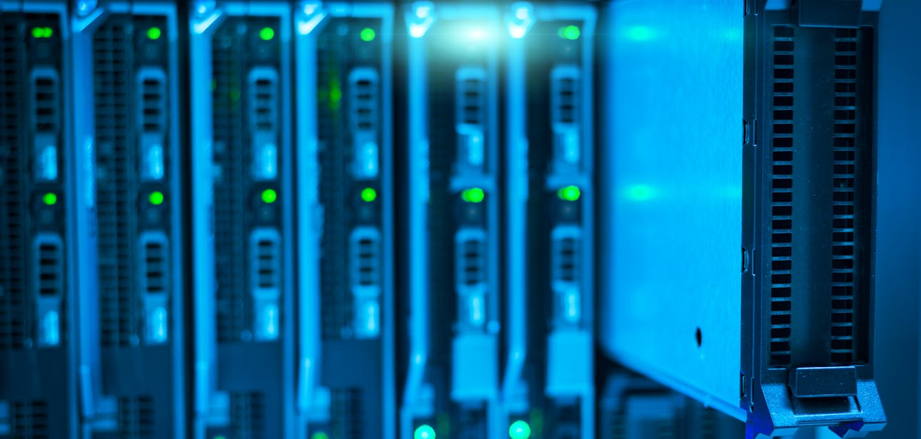Detailed view of a server rack with a focus on technology and data storage.