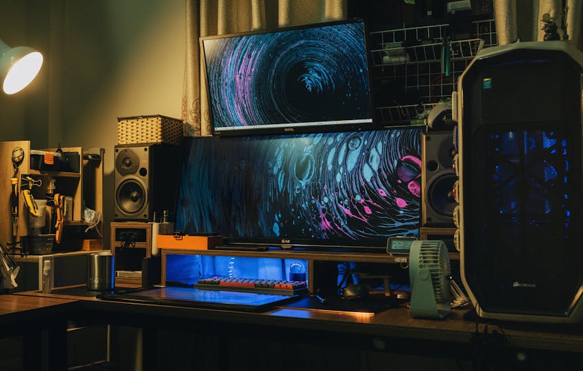 A cozy indoor modern computer setup with dual monitors and creative lighting.