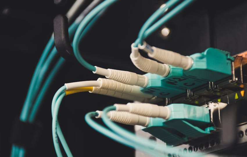 Detailed view of fiber optic cables and ports in a server room, showcasing connectivity.