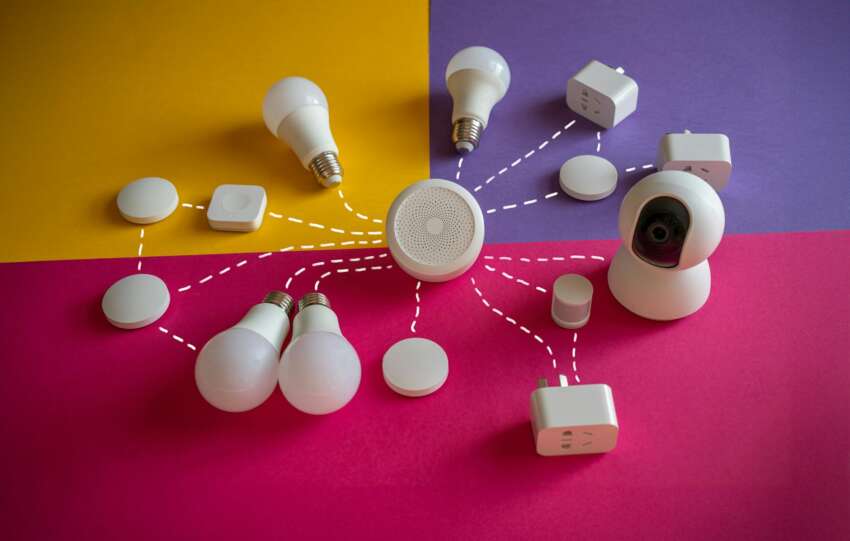 camera and electric bulbs on colorful background